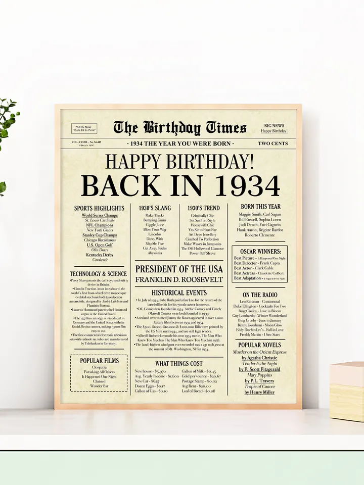 Back in 1934 Birthday Card - 90th Birthday Gift for Women or Men - 90th Birthday Decoration for Grandmother or Grandpa - Funny Table Centerpiece for 90 Years Old Birthday Party - Last Minute Gift