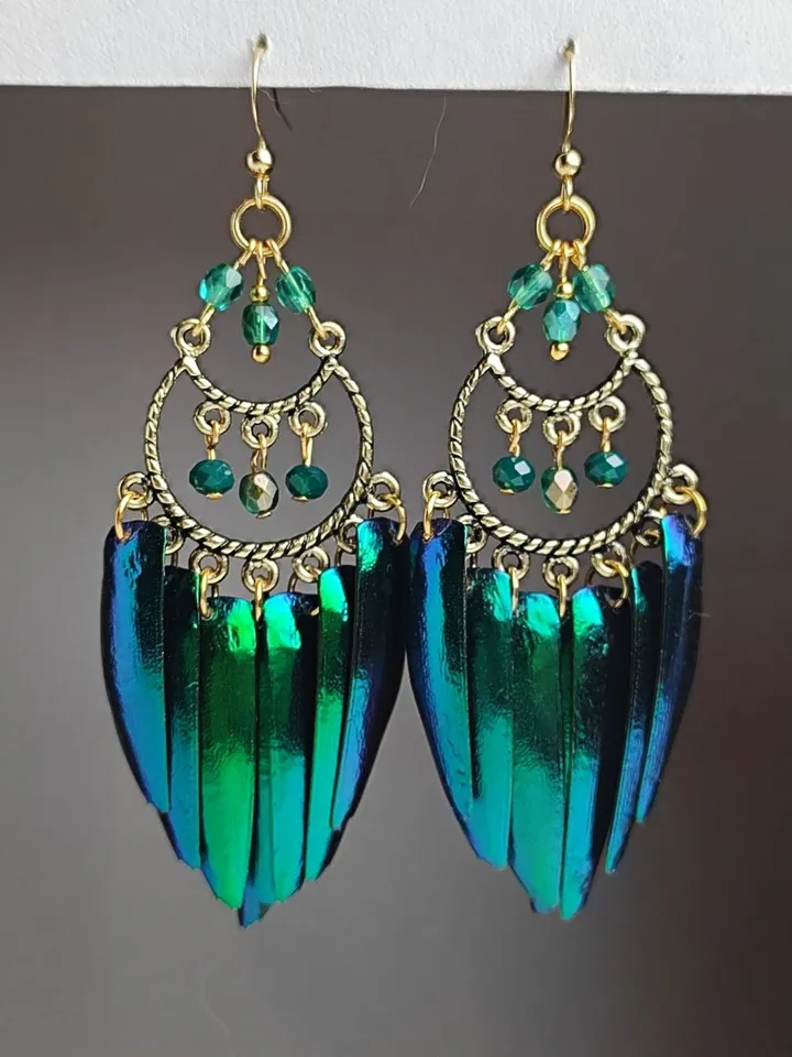 Long Green Earrings in the Form of Beetle Wings Elytra Precious Beetle Beetle Jewelry