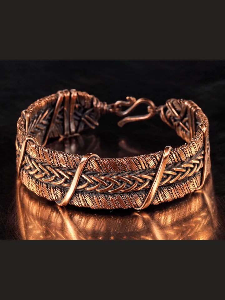 Wire wrapped bracelet, Unique 7th 22nd Anniversary gift idea, Art Nouveau antique style, One of kind braided statement bangle, Handmade oxidized pure copper jewelry, Pain relief, EMF protection
