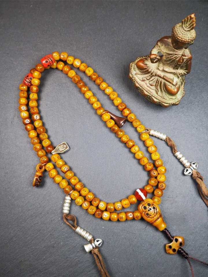Gandhanra Handmade Tibetan Yak Bone Dice Beads Mala,108 Prayer Beads for Meditation,Diameter 7mm, Length 68cm