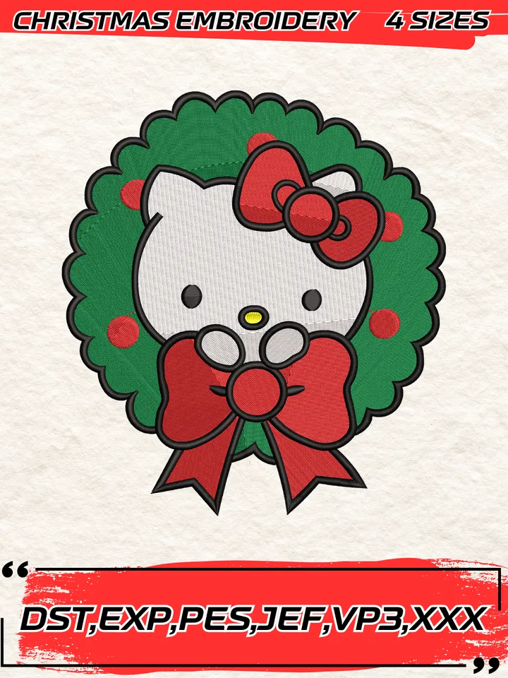 Christmas Wreath Flower Hello Kitty Embroidery Design,Hello Kitty Christmas Embroidery Digitizing Pes File,4 Sizes, Digital Download