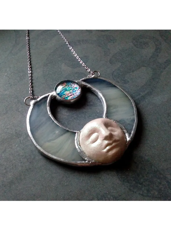 Stained glass moon, Moon Goddess, Moon phase necklace, Stainglass crescent, Full moon pendant, Moon face necklace