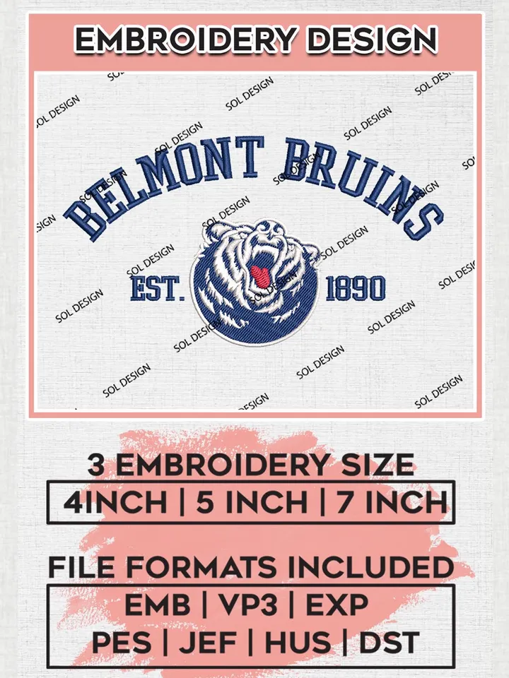 Belmont Bruins Est 1890 Logo Embroidery Designs, NCAA Belmont Bruins Team Embroidery, NCAA Team Logo, 3 sizes, Machine embroidery Files, Digital Download