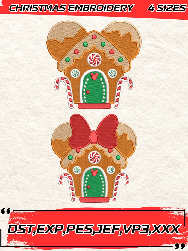 Bundle Gingerbread Mickey And Minnie House Embroidery Design,Christmas Embroidery Design,4 Sizes,Digital Download