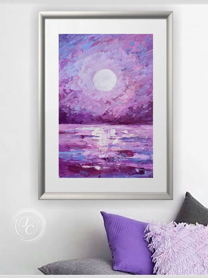 Seascape original painting Ocean wall art Full moon night oil painting Moonlit Night artwork Purple home decor
