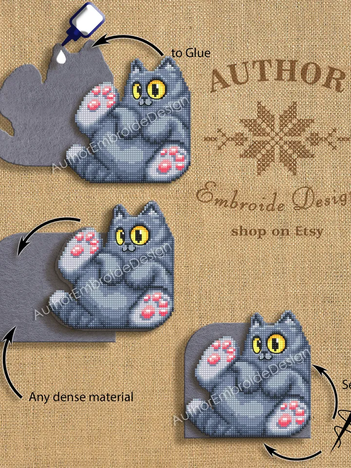 Gray cat corner bookmark cross stitch pattern download PDF Cat cross stitch chart, Cat bookmark digital pattern PDF, Cat lover gift #B269