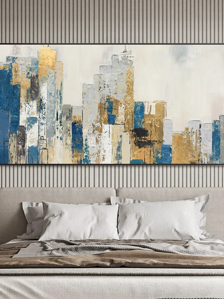 Original Cityscape Oil Painting on Canvas, Large Abstract Gold Leaf City Landscape Acrylic Painting, Modern Blue Living Room Wall Art Decor