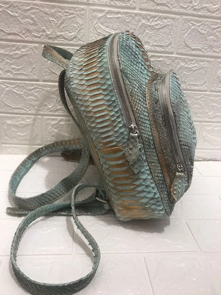 Genuine python skin blue backpack | designer women bags | exotic leather purse | trendy casual light blue snake backpack with pockets |