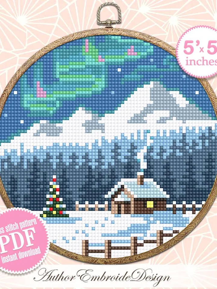 Northern lights cross stitch pattern PDF download Winter landscape cross stitch, Christmas pattern digital PDF, Winter house in forest #N165