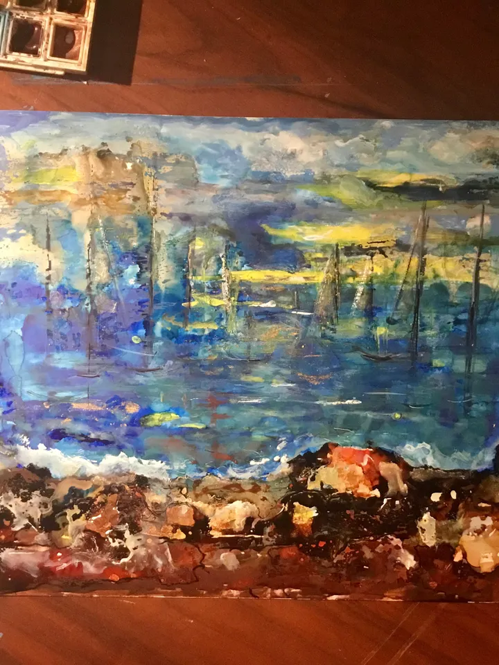 Sunset mirage,mix media painting on yupo paper,fantasy sea boats abstract painting,gift,home decoration,wall hanging