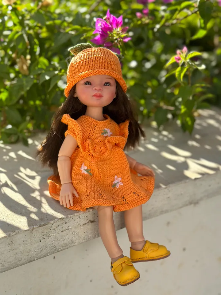 Set Dress & Cap Orange for Paola Reina KNIT PATTERN and tutorial for Boneka 12-13 inch doll, Ruby Red Siblies, Les Cheries 32 cm PDF eng