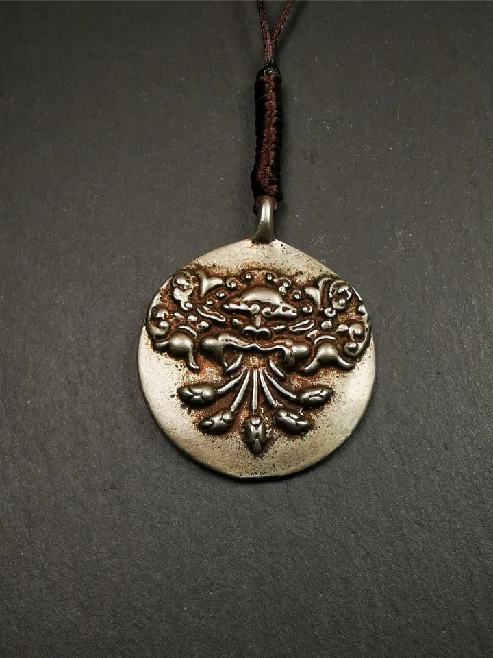 Gandhanra Acient Tibetan Buddhist Amulet,Kirtimukha Melong,Calendar Badge,SIPAHO(srid pa ho),Made of White Copper,1.7&quot;