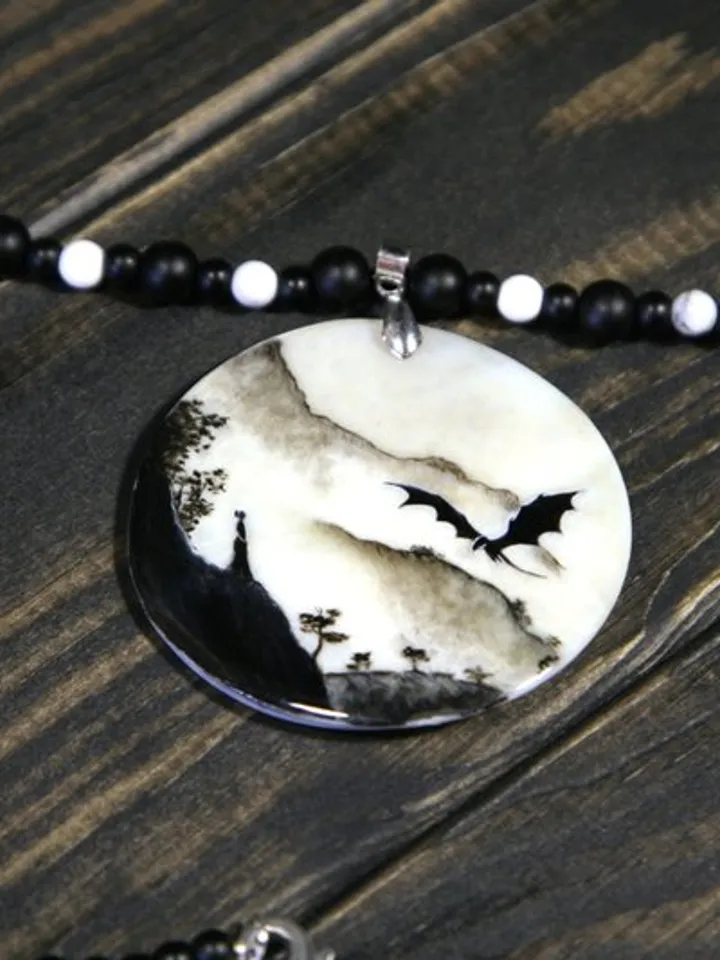 Dragon necklace. Miniature painting of dragon on mother of pearl pendant