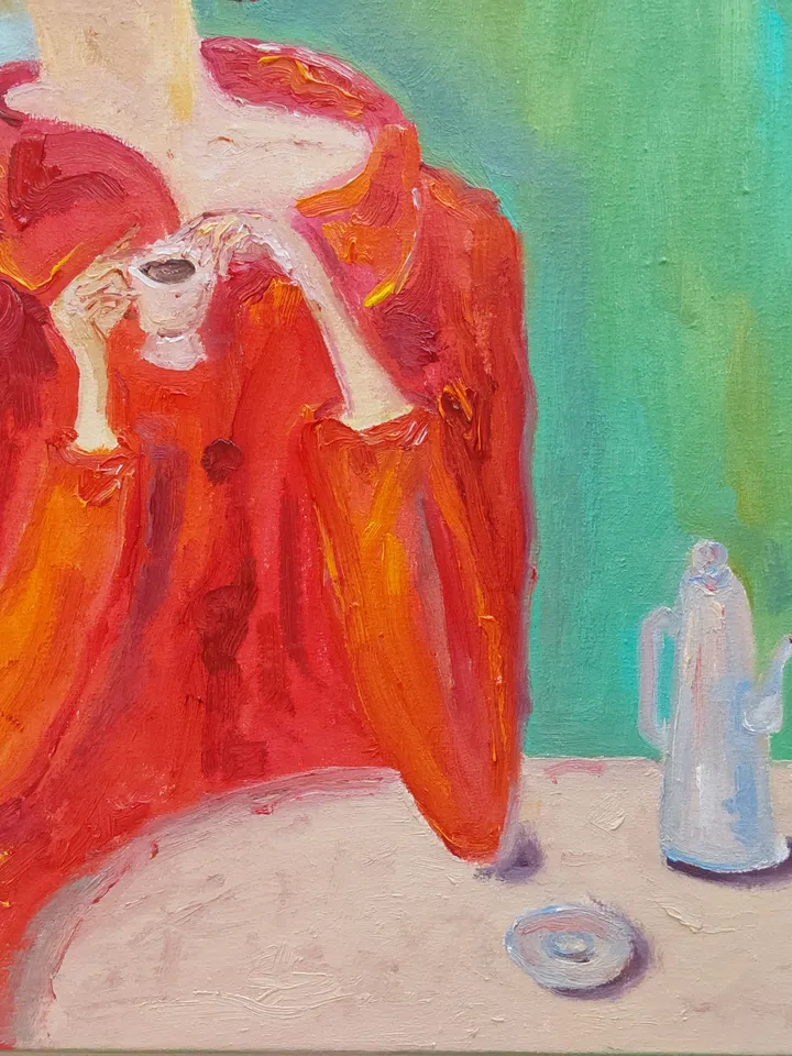 Oil painting on canvas "Portrait of woman in red. Imitating Modigliani" 40x50cm (16x20inch)The painting is sold. A copy is possible.