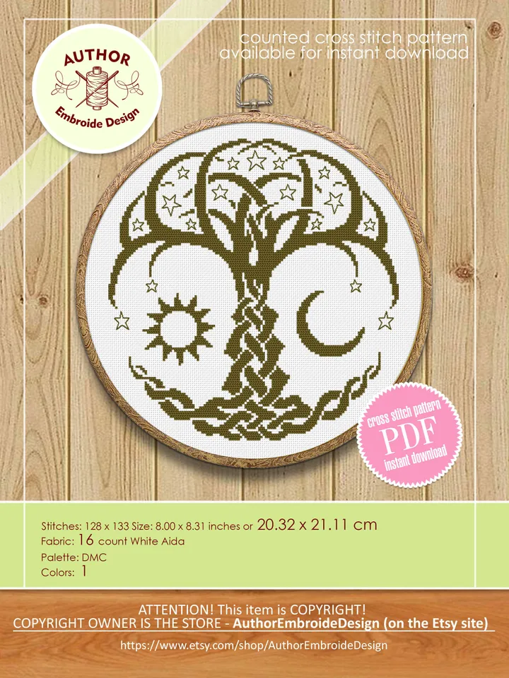 Celtic Tree of life cross stitch pattern PDF Monochrome mandala cross stitch chart, Tree embroidery Instant download PDF, Sun and moon #M189