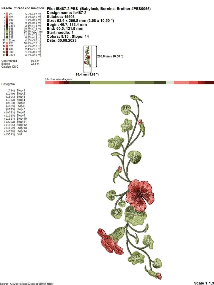 Set of Machine Embroidery Designs in Artistic Surface Technique Nasturtium For embroidery of scarves ties wedges other details accessories
