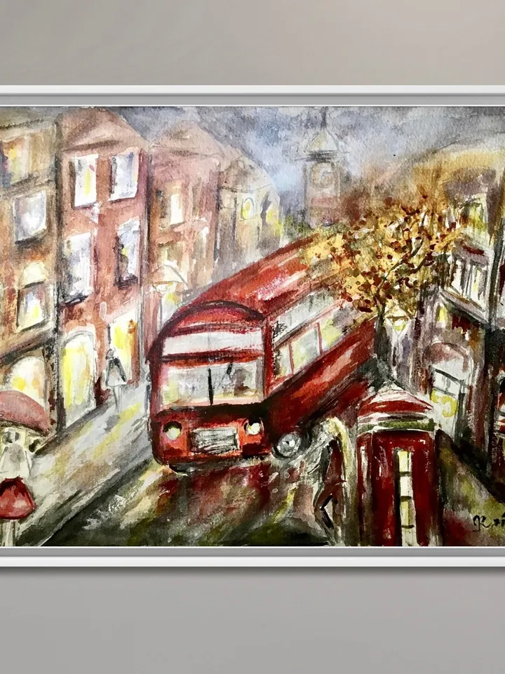 London painting,original watercolor painting,cityscapes painting,London streets painting,London bus,Big Ben art,wall hanging world capitals