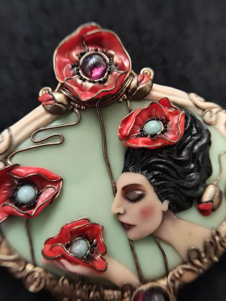 Brooch Virgo with poppies, poppies pendant, Brooch with poppies,Red poppies
