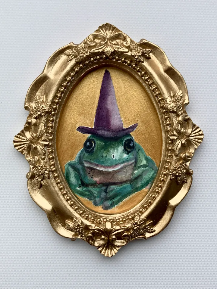 Framed Witch Frog Painting Original Green Frog Artwork Amphibians Art Watercolor Painting Tiny Artwork