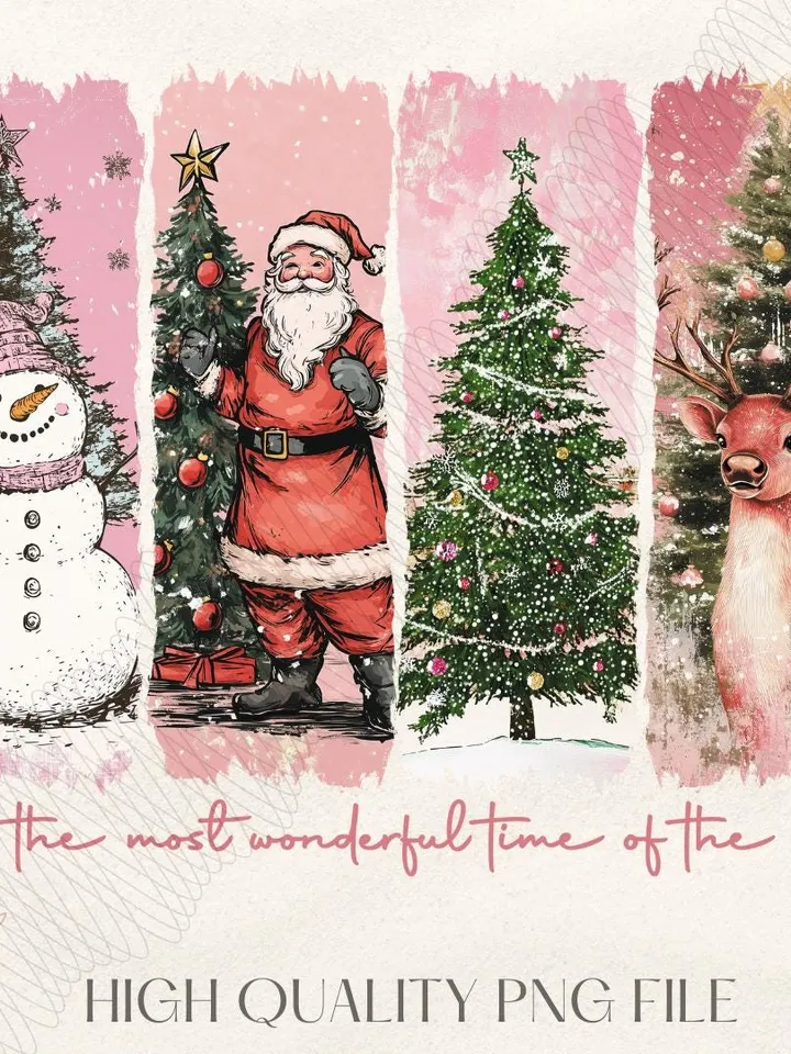 Pink It's the most wonderful time of the year png, Santa Claus png, Vintage Christmas png, Christmas Coquette bow png, Reindeer snowman png