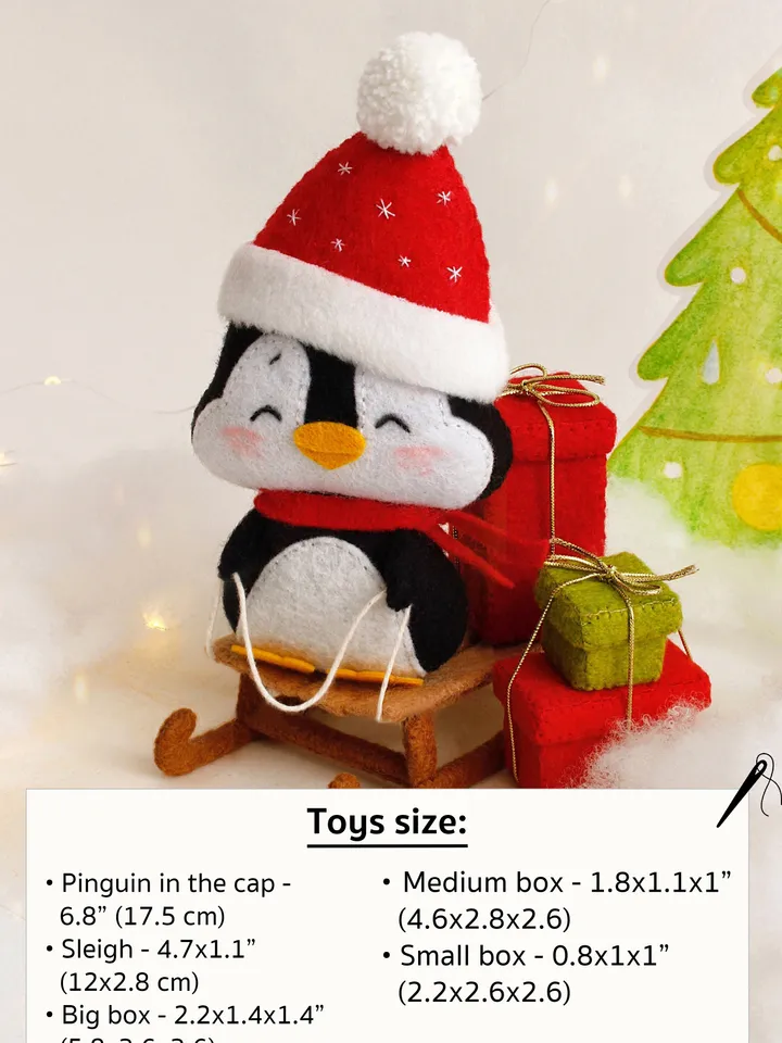 Felt penguin on the sleigh with Christmas presents hand sewing PDF tutorial with patterns, DIY Christmas tree ornament. Soft toy pattern