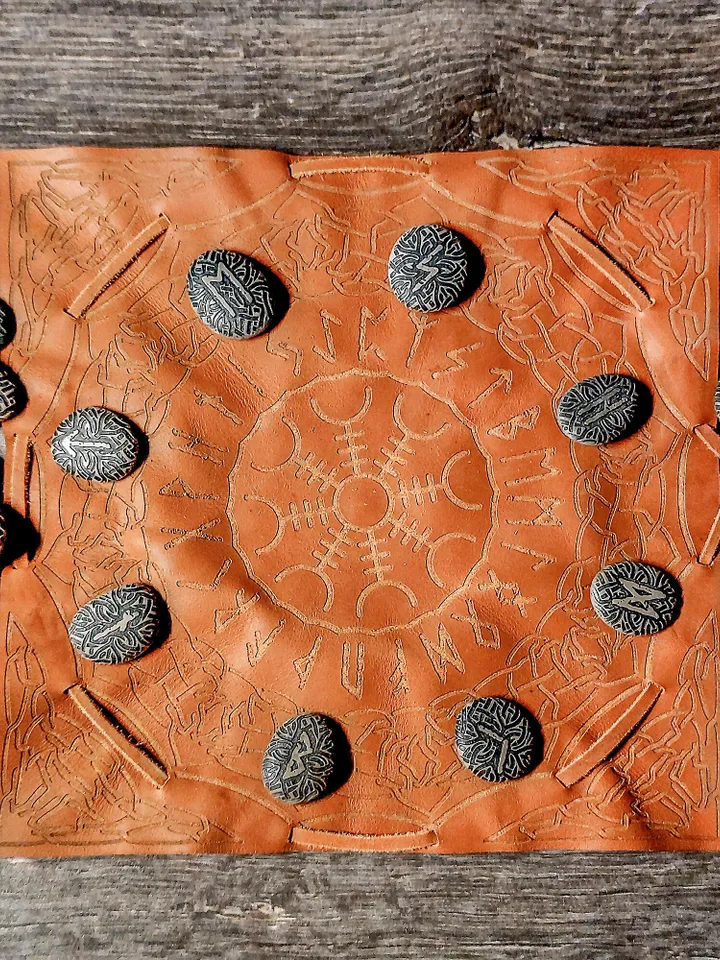 Celtic Scandinavian Stone Runes. Leather Bag. Elder Futhark. Viking Rituals. Aegishjalmur. The Helm of Awe Symbol.