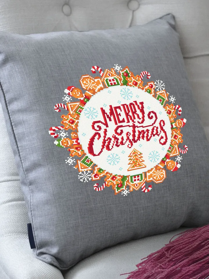 Merry Christmas cross stitch pattern download PDF Gingerbread wreath cross stitch chart Christmas pattern digital DIY Christmas decor #N23