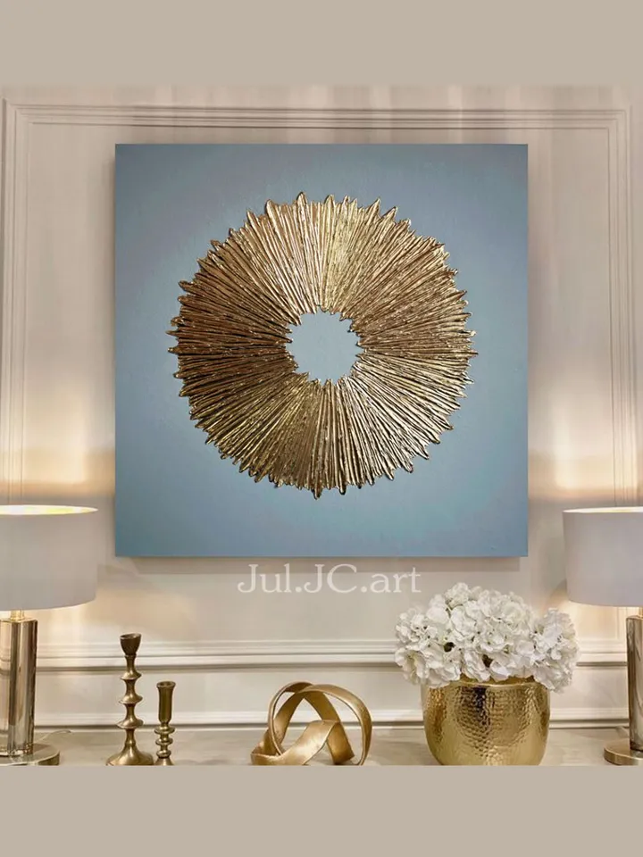 Gold and Gray Abstract Wall Art Textured Original Painting Gold Sun Wall Art | Modern artwork Above couch decor