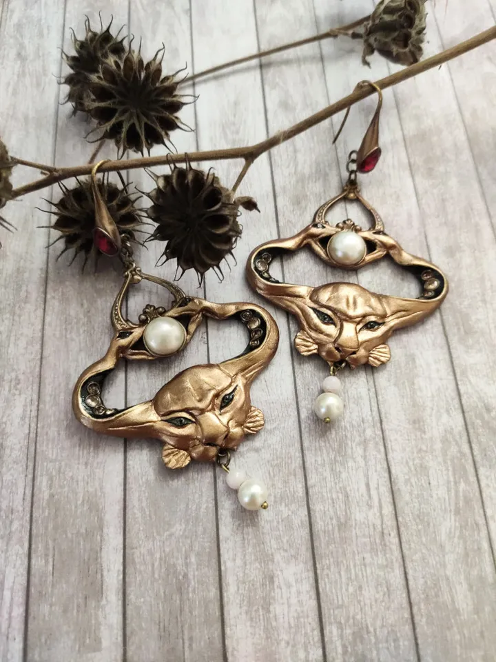 Custom Art Nouveau Symbolist earrings crowned with two snakes