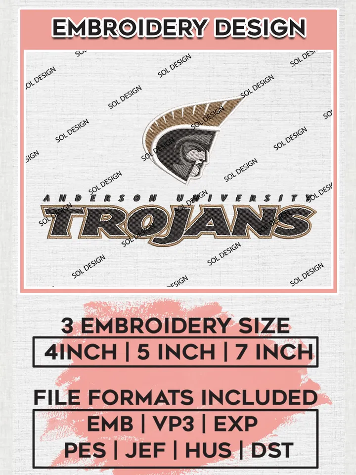 NCAA Anderson Trojans College Team Logo Embroidery Design Files, NCAA Anderson Trojans Machine Embroidery, NCAA Teams, 3 sizes, NCAA Machine embroidery designs, Digital Download
