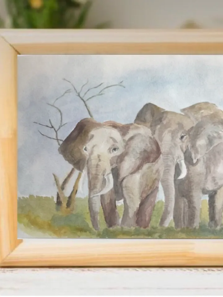 Elephants animal painting living room wall art original watercolour hand painted modern painting
