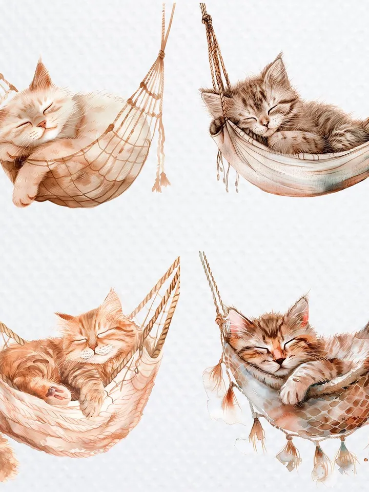 12 Sleeping Cat PNG Bundle, Cat in Hammock Printable Watercolor clipart for sublimation, High Quality PNGs, Paper craft, junk journals