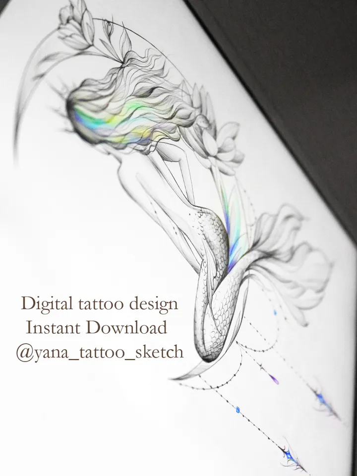 Mermaid Tattoo Design Fine Line Mermaid And Moon Tattoo Drawing Idea For Females, Instant download PDF, JPG, PNG