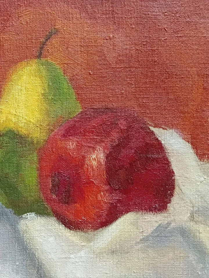 "Peach, pear and pomegranate" fruit oil painting still life original wall art picture small