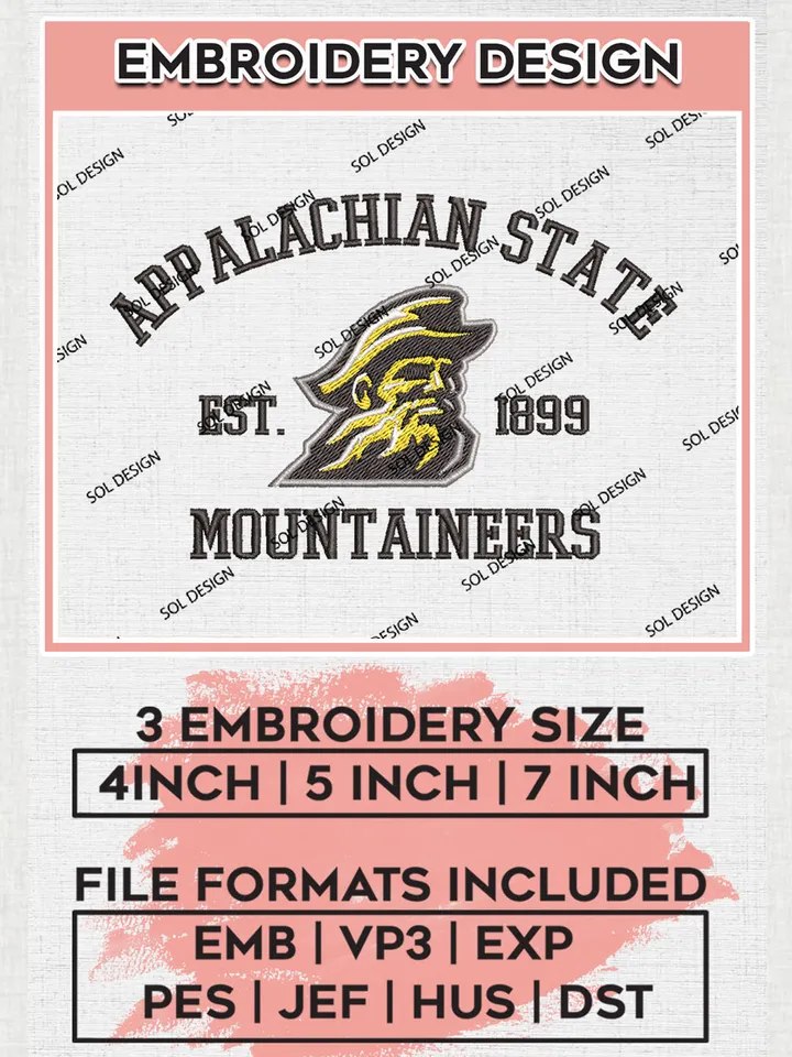 Appalachian State Mountaineers Est 1899 Logo Embroidery Designs, NCAA Appalachian State Mountaineers Team Embroidery, NCAA Team Logo, 3 sizes, Machine embroidery Files, Digital Download