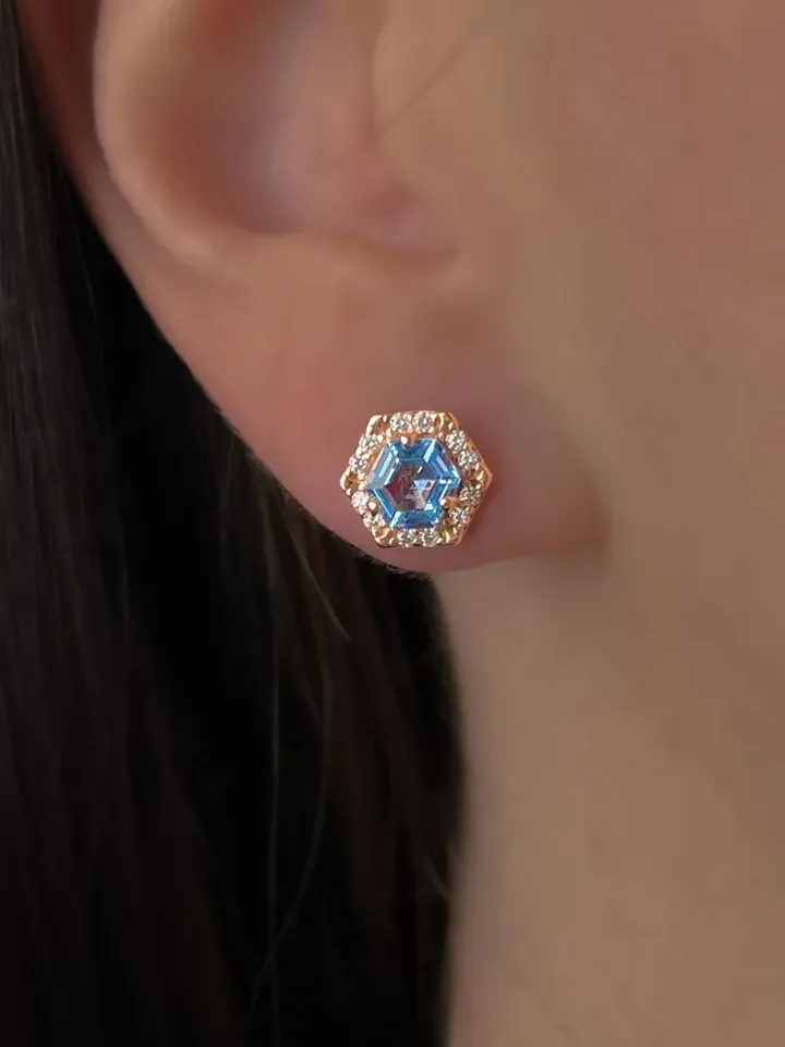 Stud earrings silver 925 gold plated, screw lock with topaz and cubic zirconia