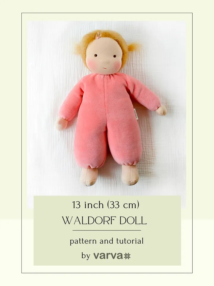 DIY Waldorf cuddly doll 13 inch (33 cm) tall. PDF sewing pattern and tutorial.