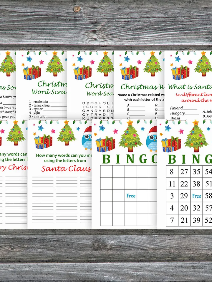 Christmas party games bundle,Printable Christmas Party Game Pack,Christmas tree and owl Christmas Trivia Game Cards