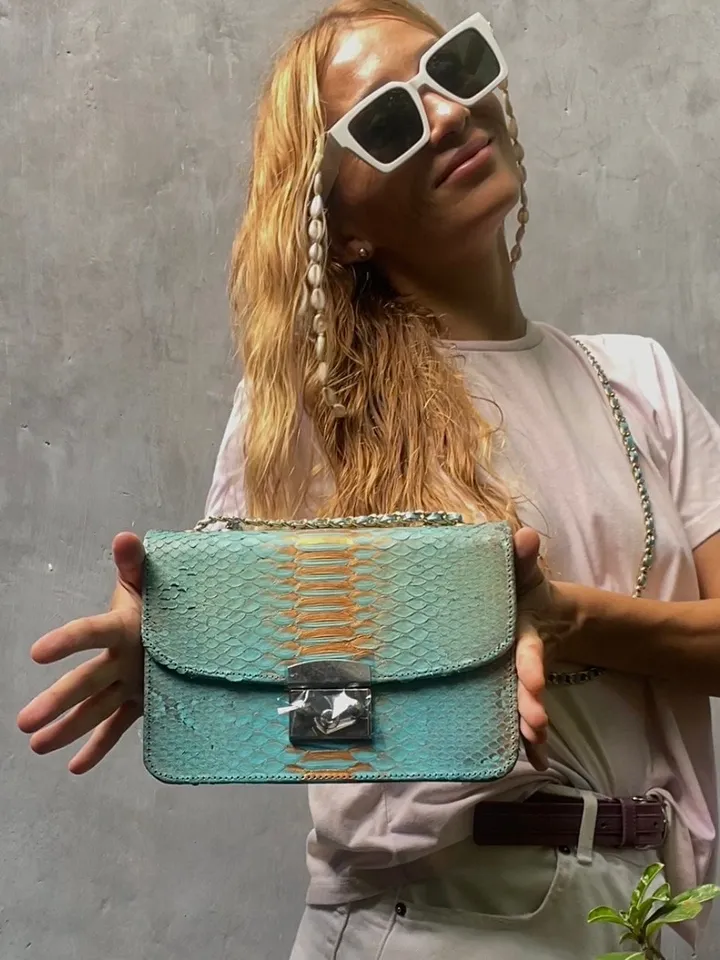 Genuine python skin crossbody blue classy bag| designer women leather handbag | snakeprint bag | crossbody purse | gift for her