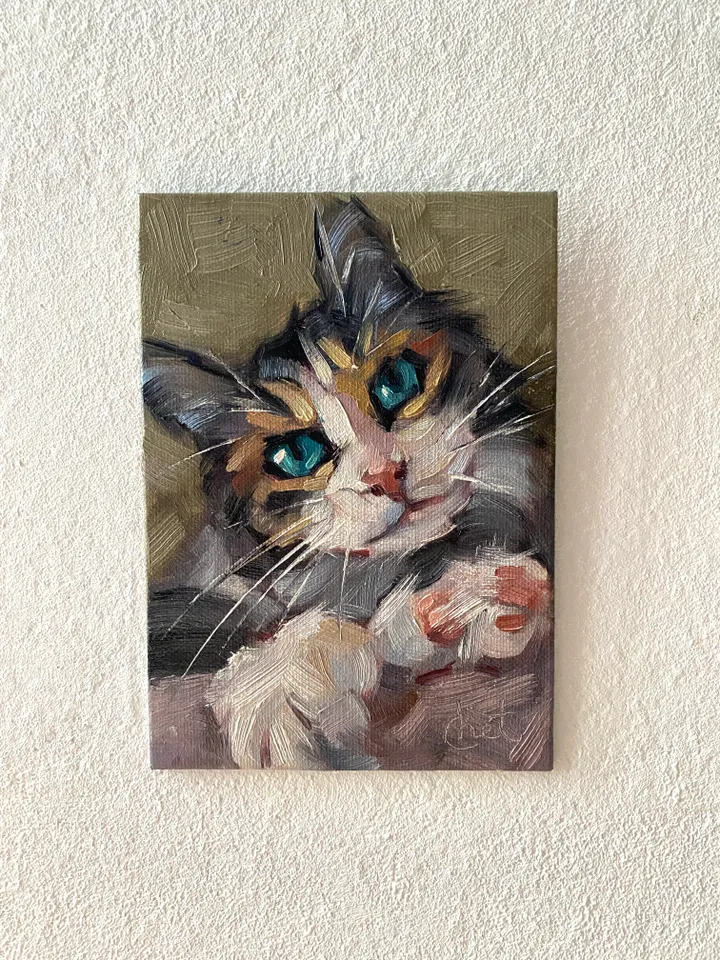 Cat oil painting original, Pet portrait artwork, Animal miniature wall art 4x6