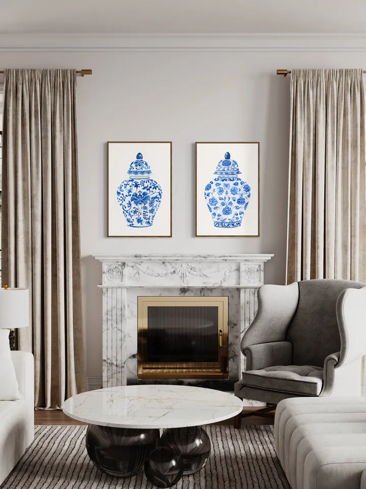 Chinoiserie Wall Art/ Set Of Two Prints/Chinoiserie Chic/ blue and white/ Chinoiserie Decor/ botanical/ Ginger jar/ blue floral/Wall Art Set