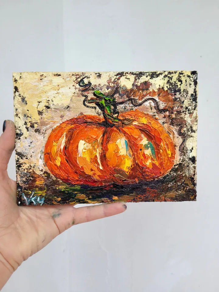 Pumpkin Painting Kitchen Wall Art Impasto Oil Painting 5x7 Fall Original Art Vegetable Wall Art Food Artwork Farmhouse Art Halloween by ArtFromVictoria