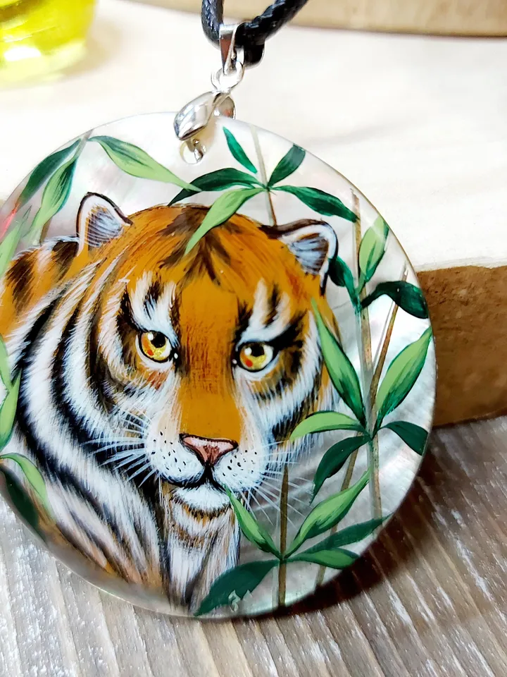 Pendant "Tiger" Mother-of-pearl Hand-painted Summer jewelry Russian jewelry magic of painting fine art jewelry Fedoskino Gift Collectible