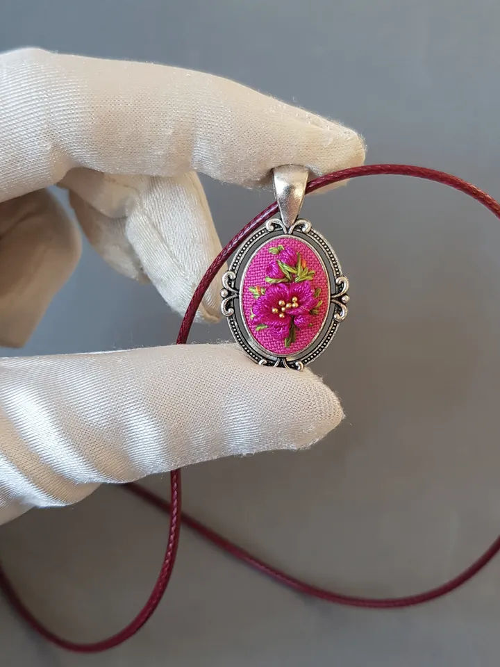 Hand embroidery pendant for her, 4th wedding anniversary gift, embroidered jewelry, custom embroidery necklace, art 34
