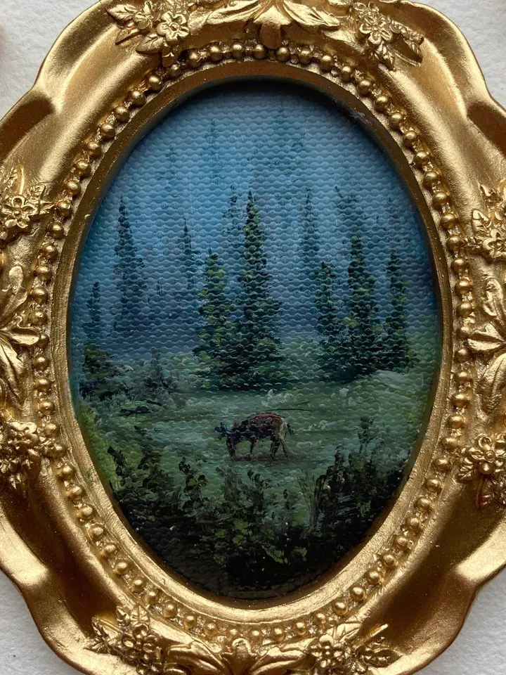 Forest Landscape Oil Painting Original In Vintage Style Frame Small Framed Oval Painting Art