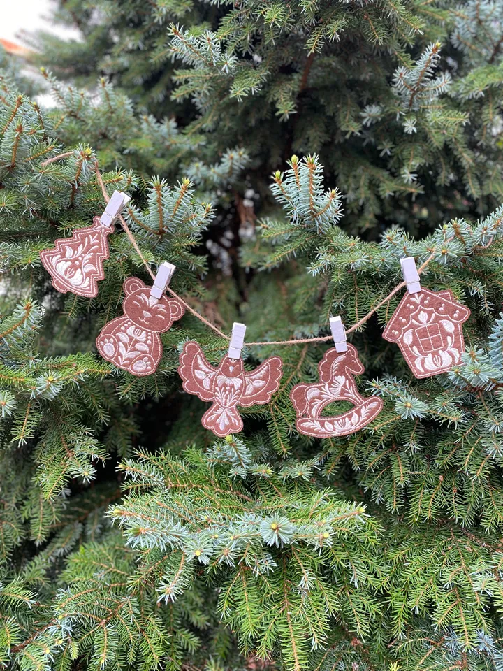 New Year's set of designs of six Christmas tree toys in the style of "Gzhel"