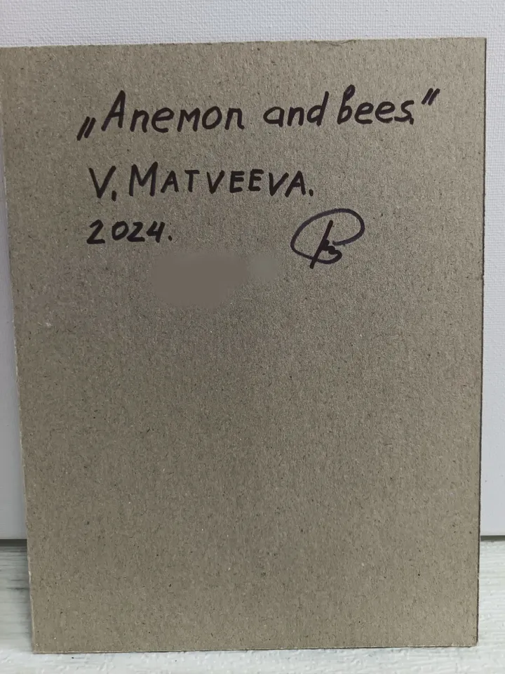 Painting "Anemone and bees". Cardboard 6" x 8". Acrylic. Author's work