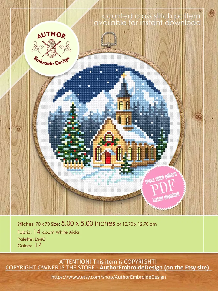 Christmas houses cross stitch pattern PDF download Winter landscape cross stitch chart, Christmas pattern digital PDF, Northern lights #N181