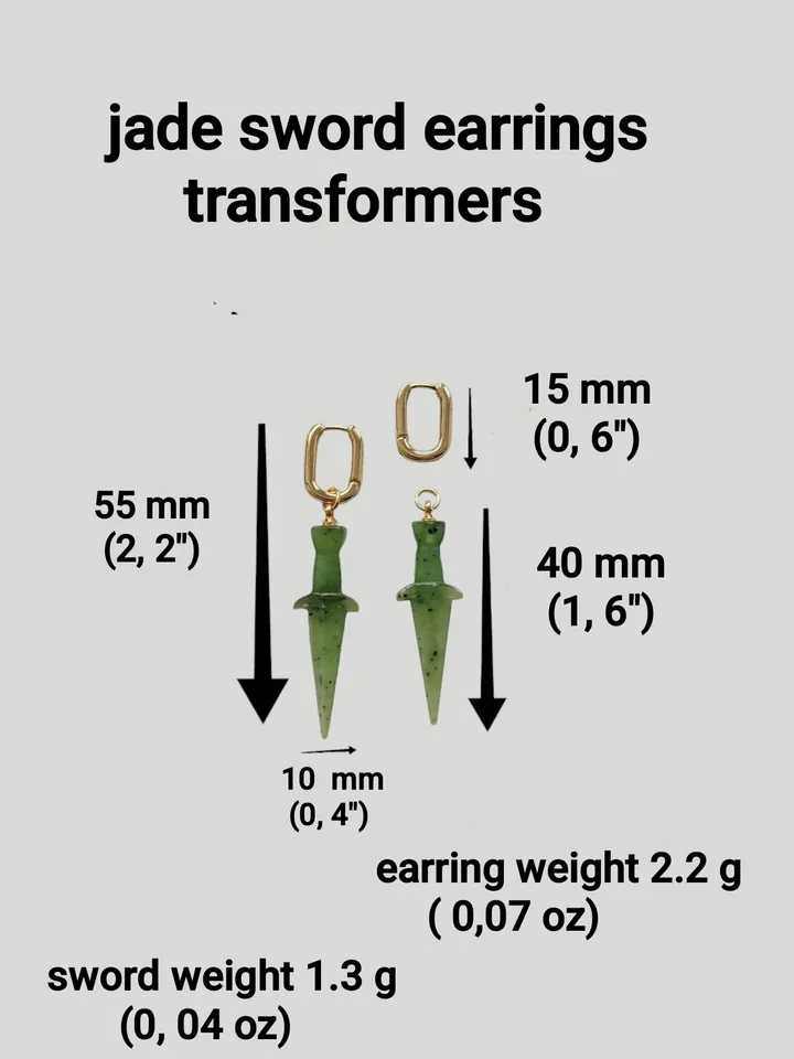 Dangle elven sword earrings from green jade, earrings transformers.