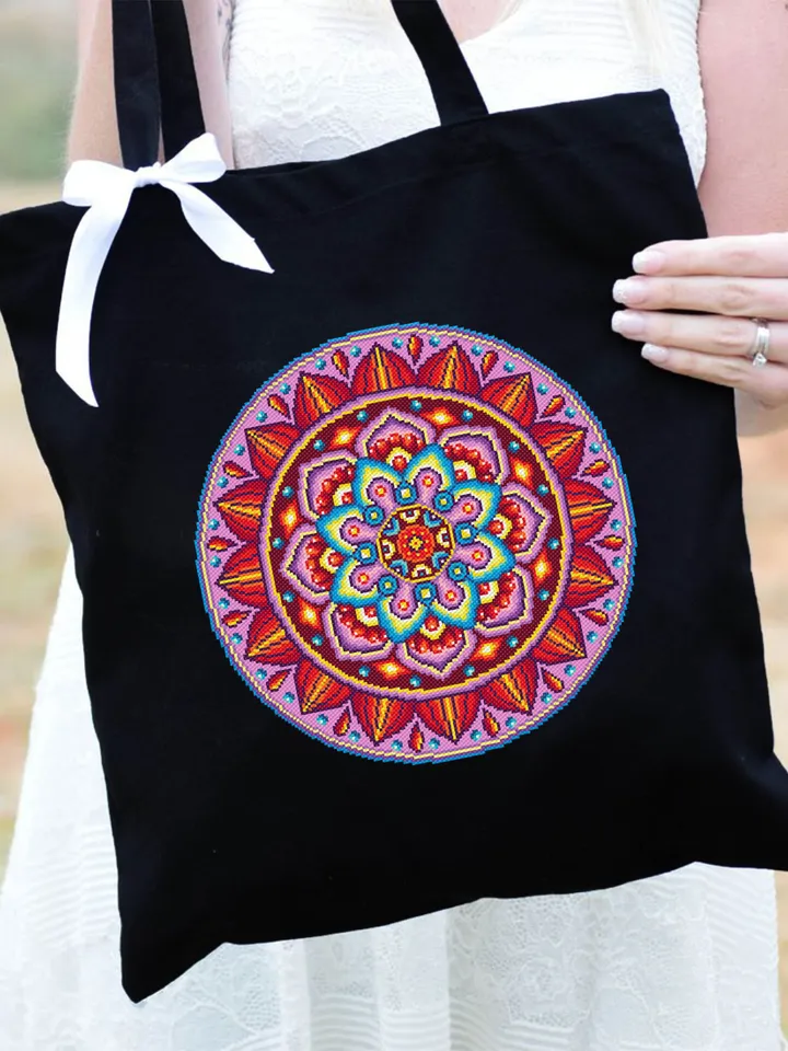 Bright mandala cross stitch pattern download PDF, Mandala ornament cross stitch chart, Modern beginner stitch, Colorful awesome pattern #M93